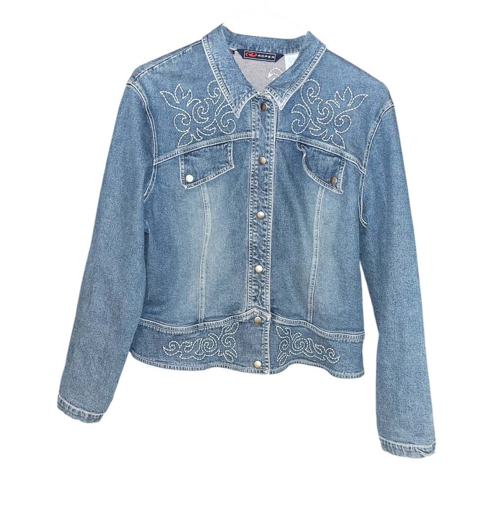 Roper Western Blue Denim Jacket with White Embroidery Contrast Stitching
